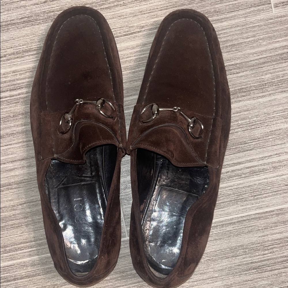 Elegant Gucci Brown Suede Loafers with Metal Accents
